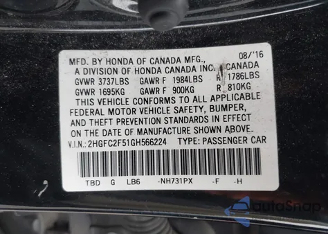 2016 Honda Civic Lx from USA, damaged, VIN 2HGFC2F51GH566224
